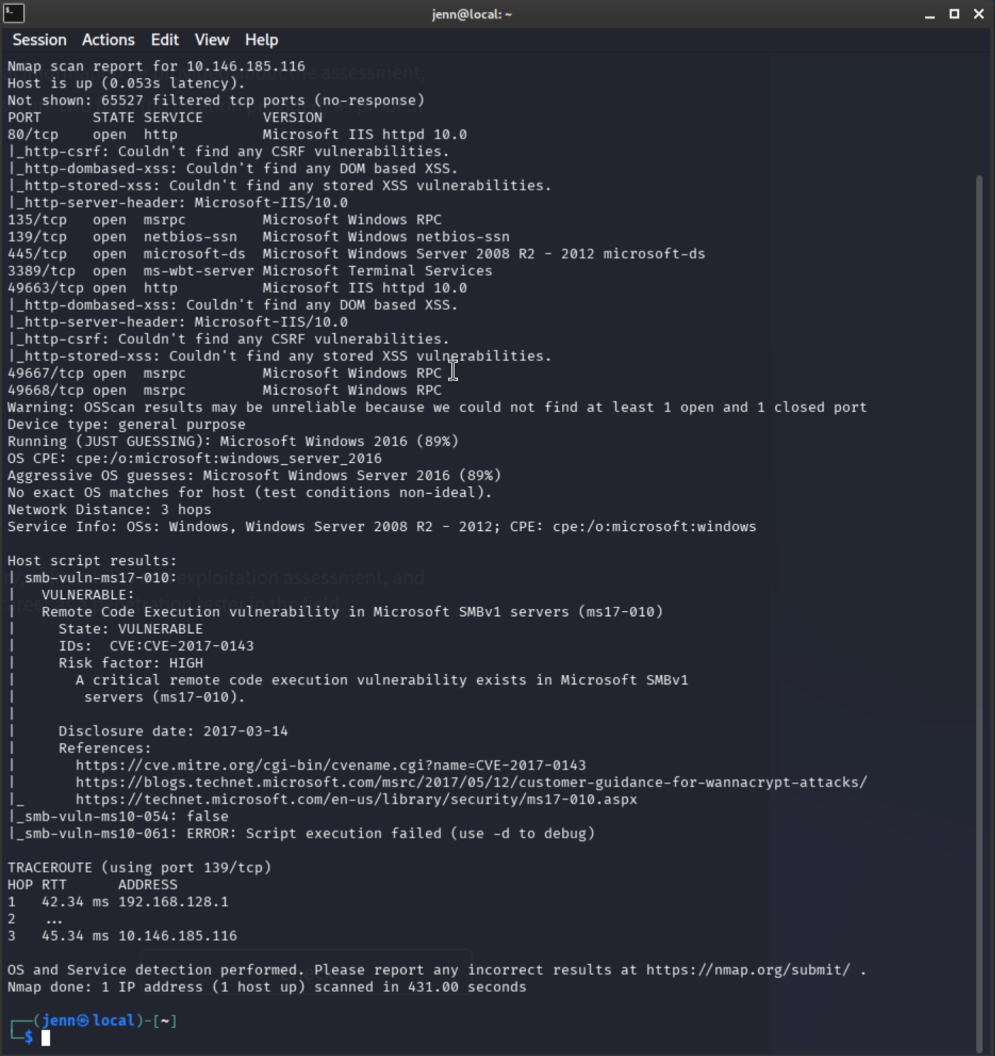 Nmap scan results showing open ports including IIS, SMB, RDP, and MS17-010 vulnerability detection